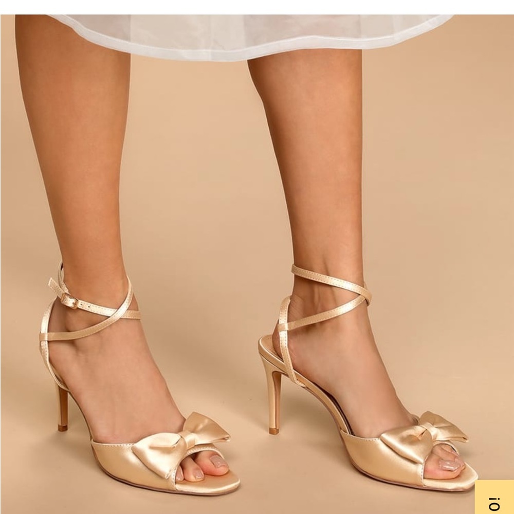 Lulus Recee Champagne Satin Bow Ankle Strap Heels
